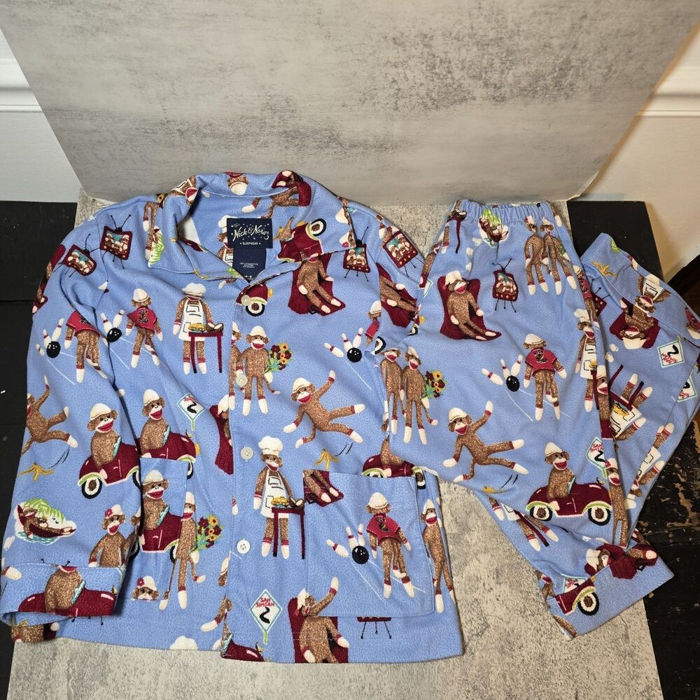 Nick & Nora Heavy Sock Monkey Couple Bowling Pajamas Set PJs Youth Sz 8  Medium